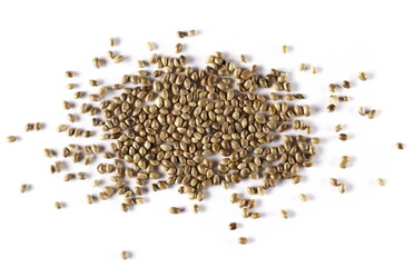 Hemp seeds isolated on white background, top view