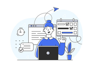 Concept of scheduling. Character typing on laptop. etaphor for time management. Hardworking wo , leadership and motivation. Modern technolog , organizer app. Cartoon flat vector illustration
