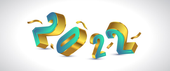 Happy New Year 2022 Banner Design with 3D Numbers in Green and Gold Gradient. New Year Celebration Design Template for Flyer, Poster, Brochure, Card, Banner or Postcard