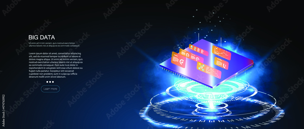 Poster microchip processor with lights on the blue background. quantum computer, large data processing a fu