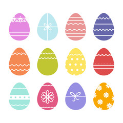 Set of Easter colored eggs isolated on a white background. Egg for a holiday with painted patterns of circles, lines, flowers. Spring festival. Vector illustration. Cartoon style. Happy Easter Eggs