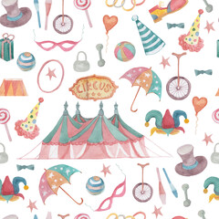 
Circus marquee arena watercolor illustration hand drawn patern seamless pattern hand rings ball flags arena clown hat and boot set of separate elements sticker