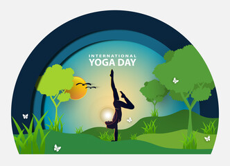Naklejka na ściany i meble 21 june-international yoga day, woman in yoga body posture, human silhouette and sun rays, vector illustration - Vector