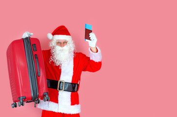 Modern Santa Claus, holding a suitcase and a boarding pass for a plane or train, joyfully embarks on a journey to give gifts to children