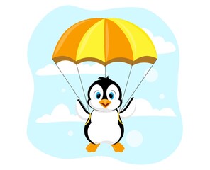 Penguin with parachute. Cute character descends from heaven, happy animals. Bad travel, funny adventure. Picture for print on baby clothes, banner or poster. Cartoon flat vector illustration