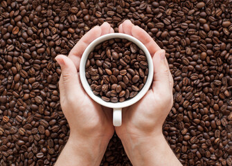 female hands hold a white cup filled with coffee beans on a background of coffe beans