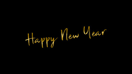 Gold color happy new year text message with brush effect gold color on black background.