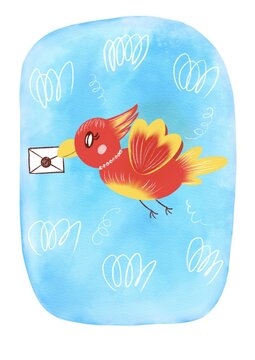 a poster with cute bird with the letter in its beak, watercolor techniques