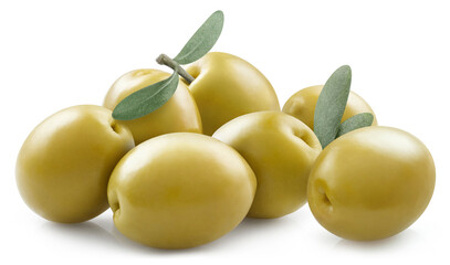 Delicious green olives, isolated on white background