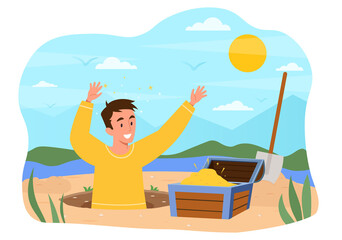 Obraz na płótnie Canvas Treasure hunter concept. Man stands in pit next to chest full of coins. Character finding money, old coins, wealth. Explorer or archaeologist, digger, summer. Cartoon flat vector illustration