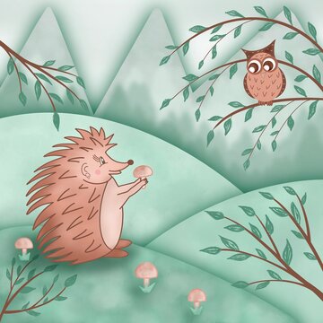 Hedgehog gives owl a mushroom with blurry background, children illustration