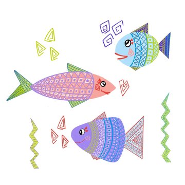 three colorful modern fish with decorative elements, modern art