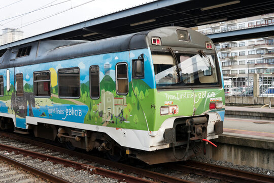 Touristic train of Galicia stopped at Vigo-Guixar railway station on February 12, 2020 in Vigo, Pontevedra, Spain.