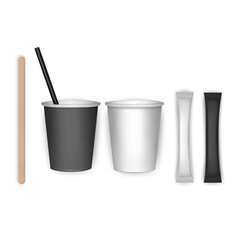 Set of paper and cardboard cups and coffee mugs with Sugar pack, top view