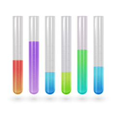 Beaker with chemicals. Realistic 3D laboratory glass equipment, test tubes and flask. Lab glassware for medical, vector illustration