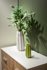 Fragment of the interior. Green empty vase and vase with artificial plant branch on the chest of drawers in the room