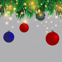 Christmas lights isolated on transparent background. Christmas glowing garlands on a green tree ..