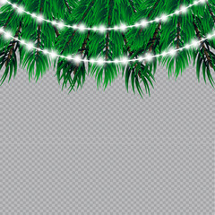 Christmas lights isolated on transparent background. Christmas glowing garlands on a green tree ..