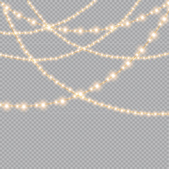 Christmas lights isolated on transparent background. Christmas glowing garlands