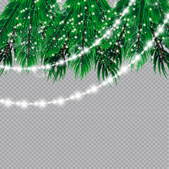 Christmas lights isolated on transparent background. Christmas glowing garlands on a green tree ..