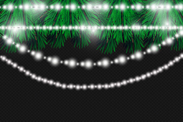 Christmas lights isolated on transparent background. Christmas glowing garlands on a green tree ..