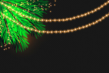 Christmas lights isolated on transparent background. Christmas glowing garlands on a green tree ..