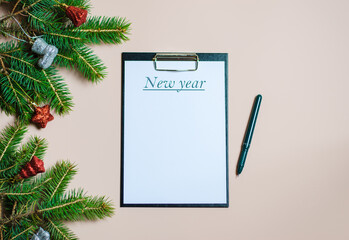 Template for writing, blank sheet on a blackboard with a title New Year. In the New Year's frame.