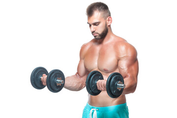 Fototapeta na wymiar Sexy athletic man is showing muscular body with dumbbells standing with his head down, isolated over white background