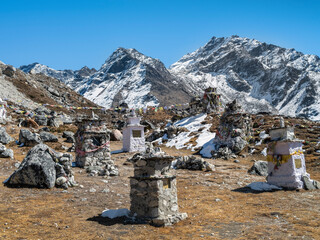 a lot of crypts and monuments of alpinists in Himalaya in Nepal