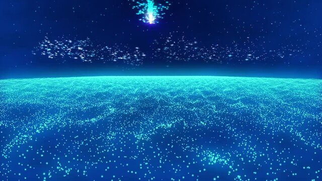 4K Merry Christmas and Happy New Year Text Animation With Glowing Sparkling Magic Particle Trails As Well As Fireworks On Cosmic Sky Blue Background. Beautiful Greeting eCard for Winter Celebrations.