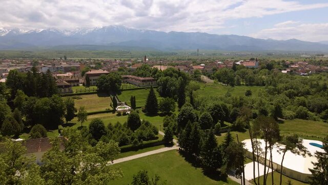 Aerial footage of Brukenthal summer garden, located in Avrig, Sibiu county, Romania. Video was shot from a drone flying forward above the trees keeping the horizon straight. 