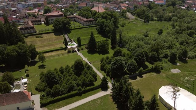 Aerial footage of Brukenthal summer garden, located in Avrig, Sibiu county, Romania. Video was shot from a drone tilting the camera up to reveal the horizon. Aerial footage of Brukenthal summer garden
