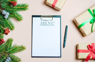 Template for writing, blank sheet on a blackboard with a title menu. In the New Year's frame.