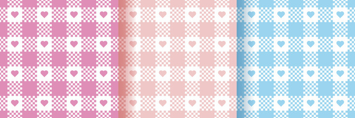 Gingham vichy seamless patterns. Checkered texture with hearts. Set of plaid backgrounds. Pink blue pastel prints. Retro flannel wallpaper. Textile grid. Classic scottish backdrop. Vector illustration