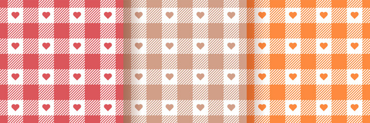 Tablecloth seamless patterns. Check vichy prints. Set of gingham backgrounds with hearts. Retro wallpapers. Tartan textile grid. Plaid backdrops. Flannel textures. Vector illustration.