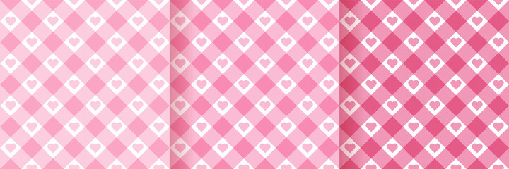 Checkered seamless patterns. Gingham vichy prints with hearts. Set of plaid backgrounds. Pink pastel textures. Retro flannel wallpaper. Simple classic backdrops. Textile grid. Vector illustration