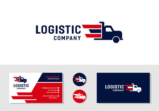 Delivery logistic truck. Fast shipping logo and business card design template