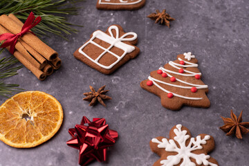 background with christmas gingerbread and spices decorations