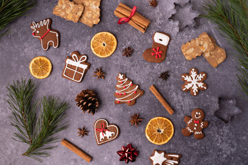 background with christmas gingerbread and spices decorations