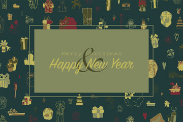 Doodle pattern frame, presents. Background frame, Christmas gifts. New Year horisontal banner, border. Winter holidays mood. Hand drawn vintage boxes. Vector for web, frame card. Celebration, sale.