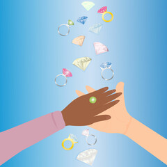 Engagement and marriage proposal. Gems are falling on the background. Hands together with a ring on the finger. Vector illustration