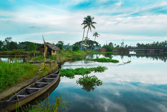 Wooden Boat In Backwater, typical landscape with palm trees and old hut, Kerala Backwaters, Kerala backwaters photography during day time Kadamakkudy Kerala