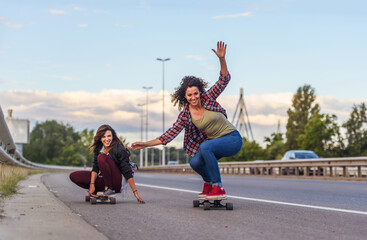 Skateboard girls riding longboards down the road © lordn