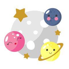 Funny planets and stars in cartoon style. Vector illustration in white background. For kids stuff, card, posters, banners, children books and print for clothes, t shirts. The theme of space.