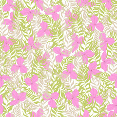 vector seamless pattern flowers with leaves. Botanical illustration for wallpaper, textile, fabric, clothing, paper, postcards