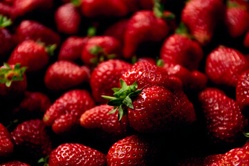 Red strawberry background close-up. Berry texture. Sweet juicy fruit. Natural food market. Organic product. Passion concept. Breakfast ingredient. Vegetarian meal. Rich delicious harvest. Side view