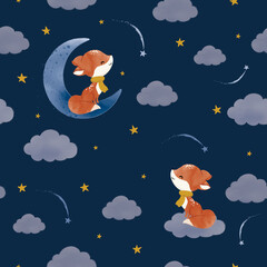 Seamless childish pattern with fox, clouds, stars, with moon. Creative kids texture for fabric, wrapping, textile, wallpaper, apparel. watercolor - Vector illustration 