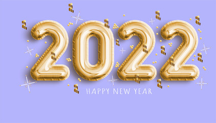 2022 golden decoration holiday on beige background. Happy new year 2022 holiday. Gold and silver foil balloons numeral 2022 with glitter gold confetti and Realistic 3d vector illustration. 