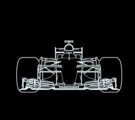 Front View of a Formula Race Car. Outline style. Engineering Background. Vector Illustration.