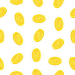 Seamless pattern with golden coins. Falling dollar coins. Vector illustration on white background